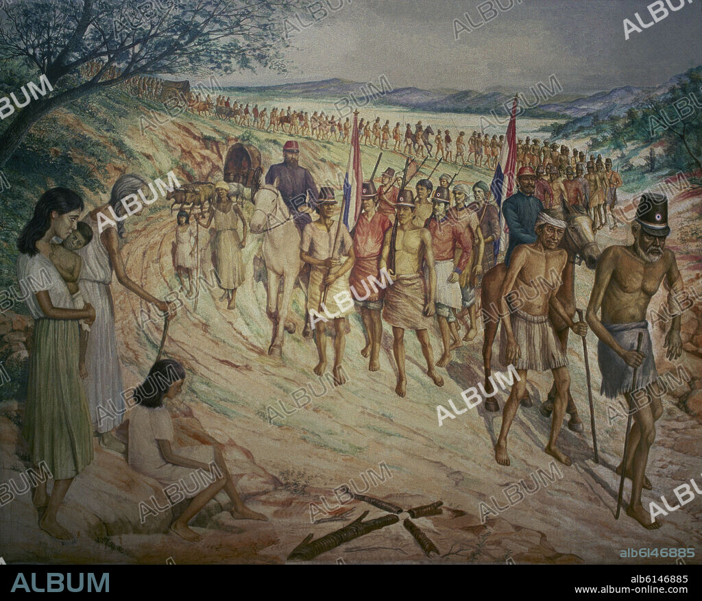 ROBERTO HOLDEN JARA. HACIA CERRO CORA - ULTIMA BATALLA DE LA GUERRA DE LA TRIPLE ALIANZA (1864-70) - PINTURA SIGLO XX.