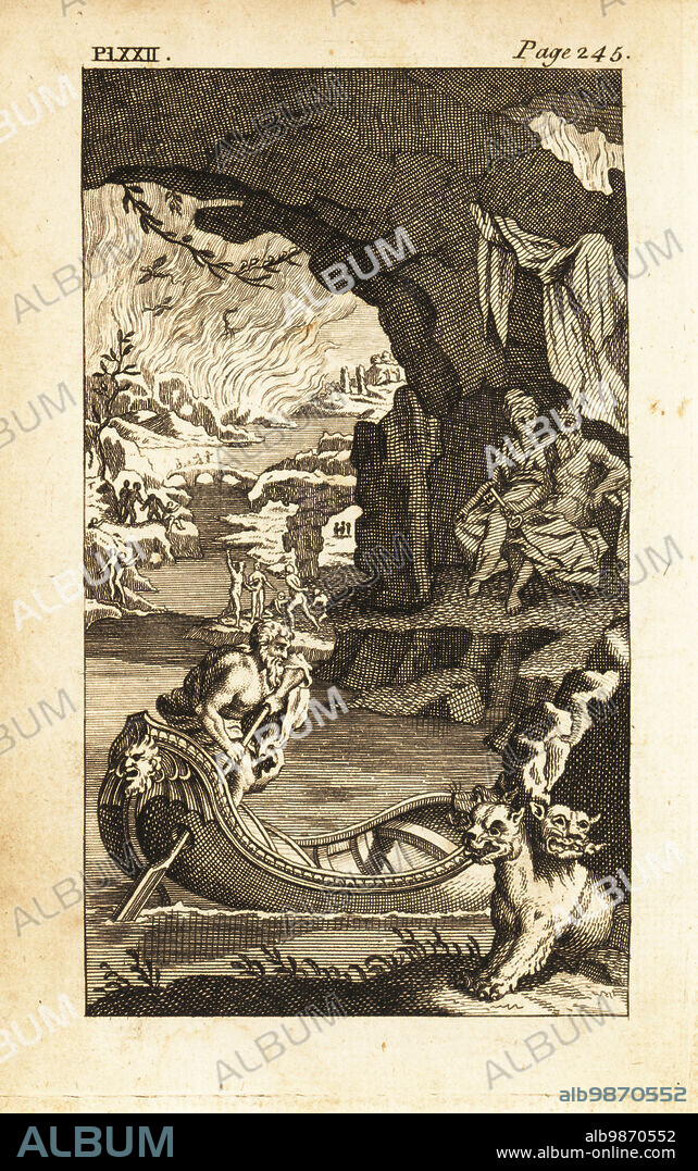 View of Greek Hell or Hades, with Pluto and Persephone. Charon, the ferryman with his boat on the river Styx, two-headed dog Cerberus, souls in flames. Copperplate engraving from Andrew Tookes The Pantheon, Representing the Fabulous Histories of the Heathen Gods, London, 1757.