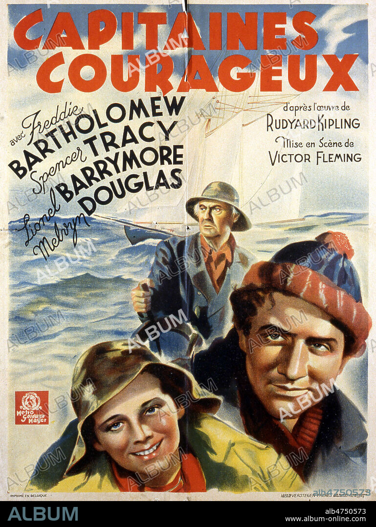 Capitaine courageux. Affiche du film realise en 1937 par Victor FLEMING (1889-1949) avec Freddie BARTHOLOMEW, Spencer TRACY et Lionel BARRYMORE d'apres le roman de Rudyard KIPLING. Credit : Coll. Perron/KHARBINE-TAPABOR.
