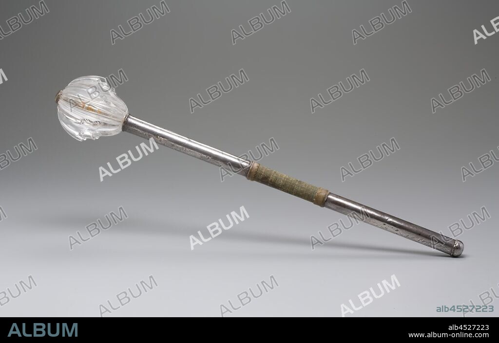 Islamic, Turkish, Mace, 17th/18th Century, Silver, gilded copper, rock crystal, green quartz, leather, silk, 22 1/4 in.