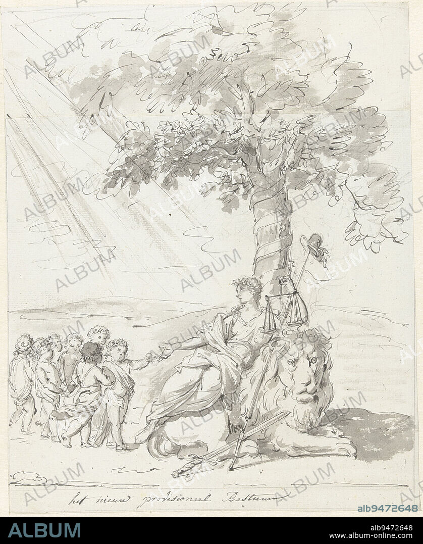 Het Volksbewind Gevestigd, decoration on the Amstelveld, 1795, Johannes van Dregt (rejected attribution), 1795, The Dutch Virgin with symbols of Freedom and Justice welcomes seven children representing the seven provinces. Unused design for Het Volksbewind Gevestigd, allegorical decoration erected on the Amstelveld in Amsterdam at the Alliance Festival on June 19, 1795., draughtsman: Johannes van Dregt, (rejected attribution), draughtsman: anonymous, Netherlands, 1795, paper, pen, brush, h 307 mm × w 248 mm.