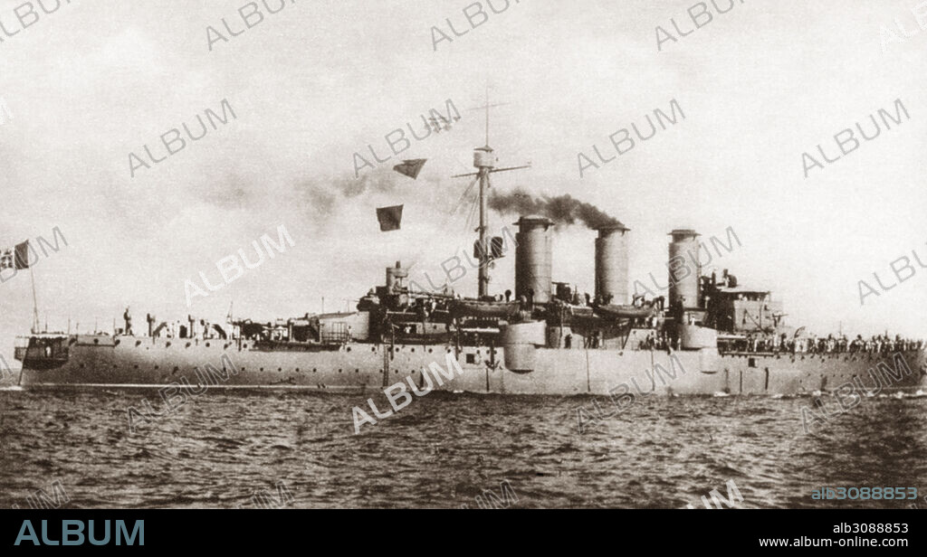 WWI: ITALIAN CRUISER.The 'Amalfi,' a Pisa-class armored cruiser of the Italian Royal Navy during the Italo-Turkish War and World War I. Photograph, c1914.