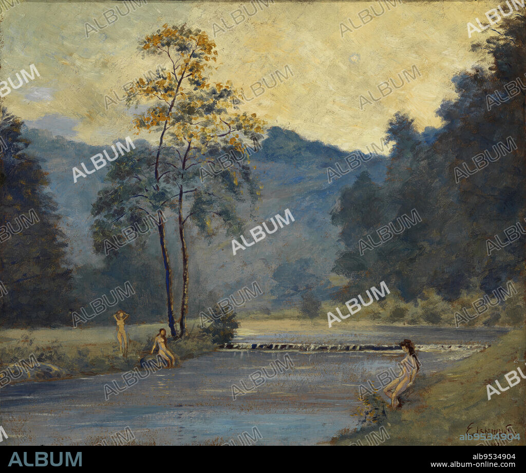 LOUIS MICHAEL EILSHEMIUS. Three Girls and River. Date: 1907. oil on fiberboard.