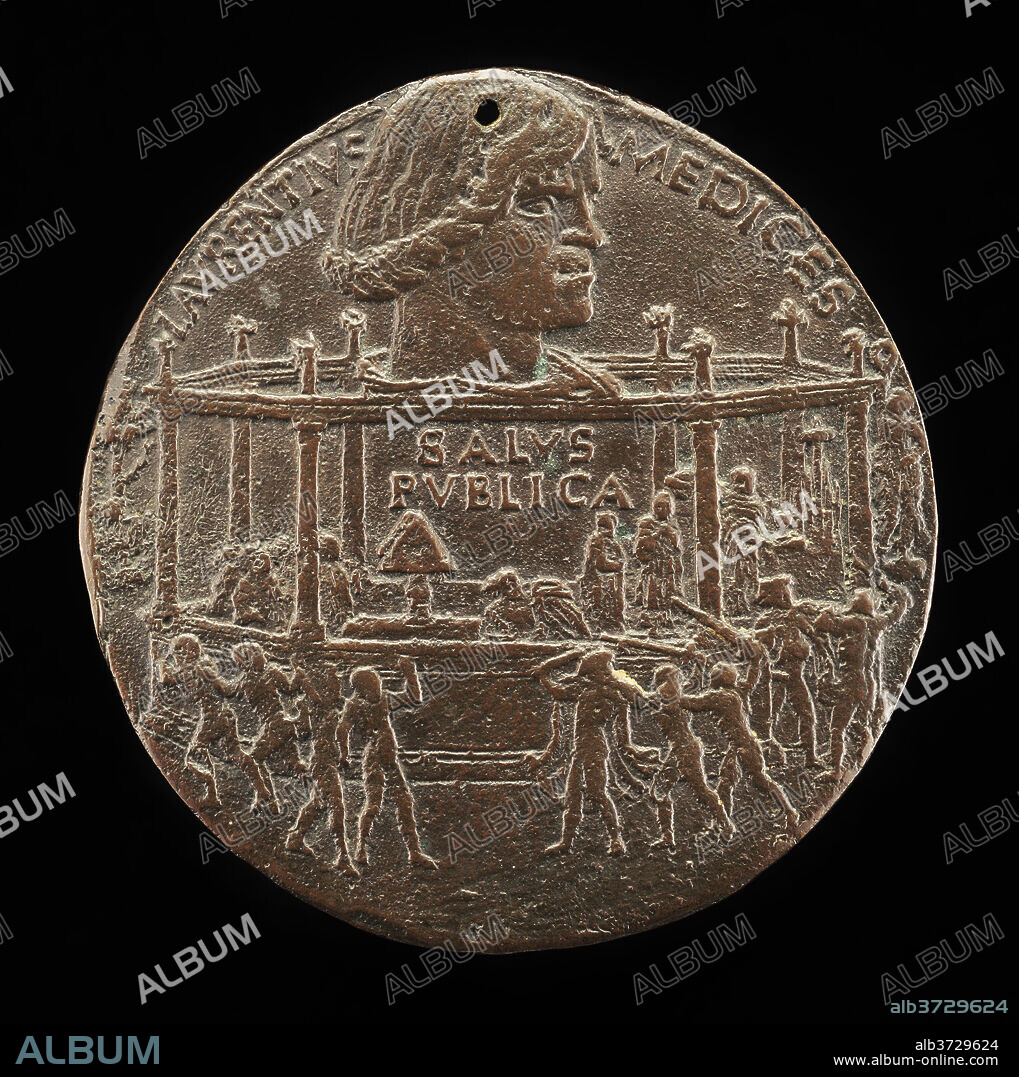BERTOLDO DI GIOVANNI. Lorenzo de' Medici, il Magnifico, 1449-1492 (The Pazzi Conspiracy Medal) [obverse]. Dated: 1478. Dimensions: overall (diameter): 6.6 cm (2 5/8 in.)  gross weight: 77.48 gr (0.171 lb.)  axis: 12:00. Medium: bronze.
