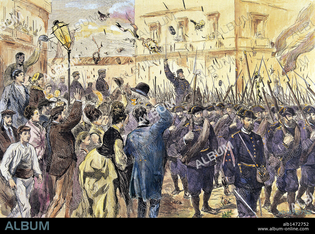TERCERA GUERRA CARLISTA (1872-1876). "ENTRADA EN BILBAO DEL EJERCITO LIBERTADOR EL DIA DOS DE MAYO". Grabado coloreado. La Ilustración Española y Americana, 1874.
