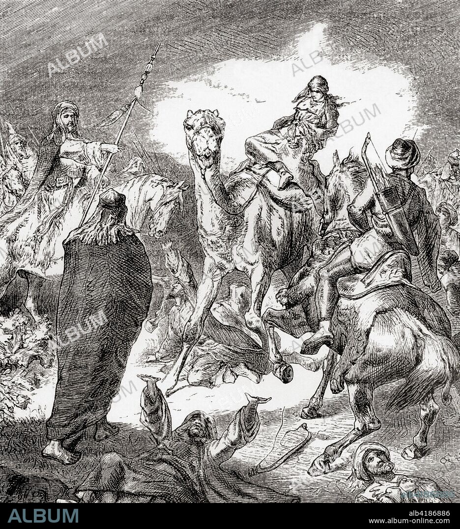 Ayesha captured by the soldiers of Ali during the Battle of the Camel, Basra, Iraq, 7 November 656.  â€˜?'ishah bint Ab? Bakr, also spelled A'ishah, Aisyah, Ayesha, A'isha, Aishat, Aishah, or Aisha, c.613/614 - 678.  One of Muhammad's wives.  Ali, 601 - 661.  Cousin and son-in-law of Muhammad.  From Ward and Lock's Illustrated History of the World, published c.1882.