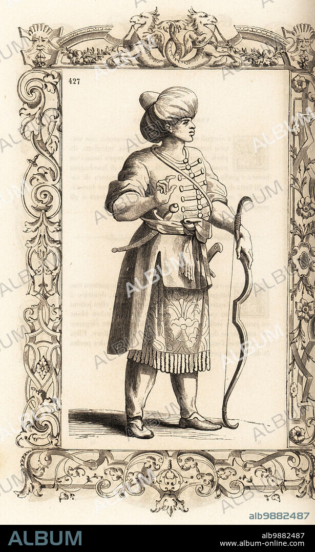 Costume of an Ethiopian soldier under Christian patriarch Prester John. Large turban, silk chemise, cassock of lion skin buttoned at the front, long culottes. Armed with scimitar, dagger and bow. Within a decorative frame engraved by H. Catenacci and Fellmann. Woodblock engraving by Gerard Seguin and E.F. Huyot after a woodcut by Christoph Krieger from Cesare Vecellios 16th century Costumes anciens et modernes, Habiti antichi et moderni di tutto il mondo, Firman Didot Ferris Fils, Paris, 1859-1860.