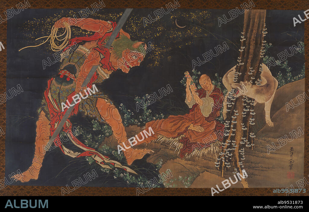 KATSUSHIKA HOKUSAI. A Priest (Kobo Daishi) practicing the Tantra, a demon before him, and a wolf behind. Origin: Japan. Period: Edo period. Ink and color on paper. Date: 1760-1868.