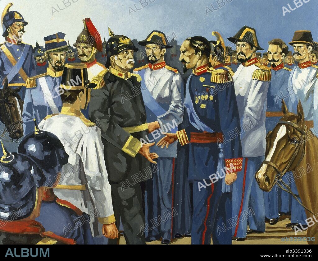 Guerra Franco-Prusiana. Capitulación de Sedan (2 de septiembre de 1870). Rendición del ejército francés ante el rey Guillermo I de Prusia, con Napoleón III Bonaparte (1808-1873) al frente. Como consecuencia, Alemania se anexionó Alsacia y Lorena. Acuarela.