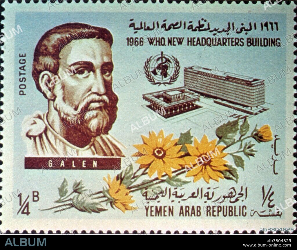Galen postage stamp from the Yemen Arab Republic, 1966. Galen (131-201) was born in Asia Minor. After receiving medical training in Smyrna and Alexandria, he gained fame as a surgeon to the gladiators of Pergamos. He was summoned to Rome to be the physician of the Emperor Marcus Aurelius and spent the rest of his life at the Court writing an enormous corpus of medical works. Taking Hippocrates' notions of the humors and pathology, he incorporated the anatomical knowledge of noted Alexandrians. A supporter of observation and reasoning, he was one of the first experimental physiologists, researching the function of the kidneys and the spinal cord in controlled experiments. His works came to symbolize Greek medicine to the medical scholars of Europe and the Middle East for the next 15 centuries. The most accomplished of all medical researchers of antiquity, he contributed greatly to the understanding of many scientific disciplines including anatomy, physiology, pathology, pharmacology, neurology, philosophy, and logic.