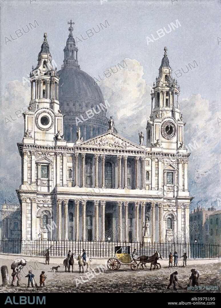 View of St Paul's Cathedral's west front, London, 1810; with figures, horses and a carriage in the foreground.