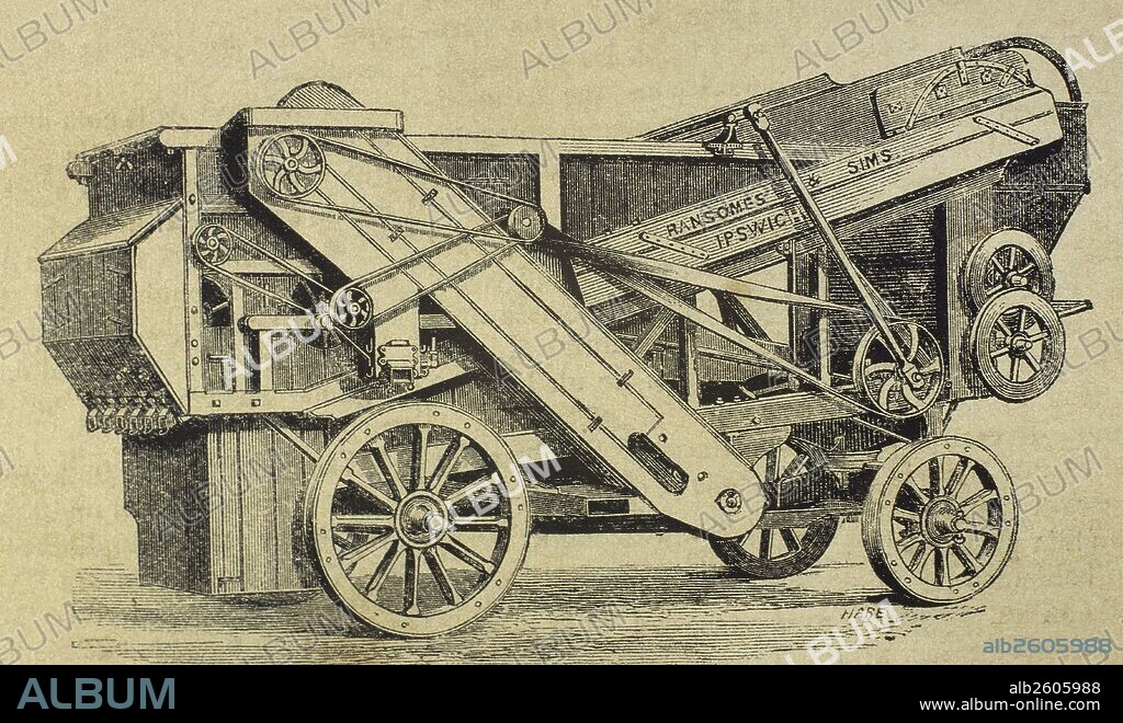 REVOLUCION INDUSTRIAL. INTRODUCCIÓN DE LA MAQUINARIA EN LA AGRICULTURA. "MAQUINA TRILLADORA" de la "serie K". Grabado de "La Ilustración Española y Americana" por Haure, año 1870.