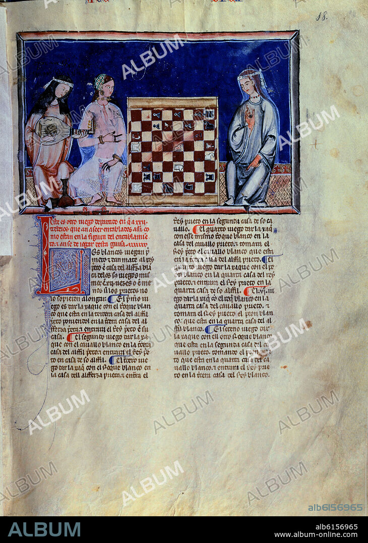 ALFONSO X DE CASTILLA EL SABIO. LIBRO DE JUEGOS O LIBRO DEL AJEDREZ DADOS Y TABLAS - 1283 - FOLIO 18R - DOS MUJERES ARABES JUGANDO AL AJEDREZ JUNTO A UNA DAMA TOCANDO EL LAUD.