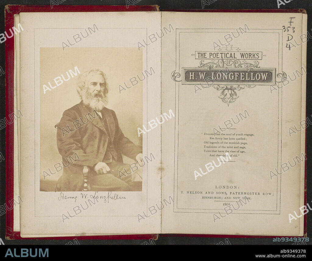 The poetical works of H.W. Longfellow (title on object), Henry Wadsworth Longfellow (mentioned on object), publisher: T. Nelson and Sons (mentioned on object), London, 1866, photographic support, paper, albumen print, engraving, height 175 mm × width 115 mm × thickness 35 mm.