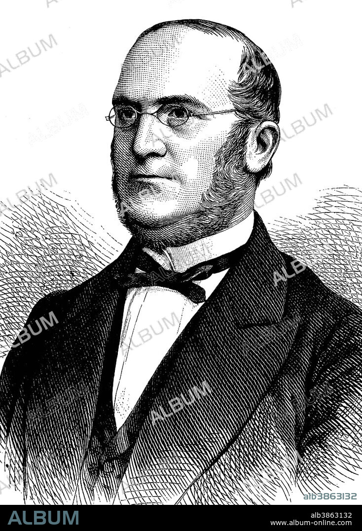 Adolph Wilhelm Hermann Kolbe, 1818 - 1884, a German chemist, he converted carbon disulfide, in several steps, to acetic acid, and developed a theory of the existence of secondary and tertiary alcohols, historical engraving, about 1889