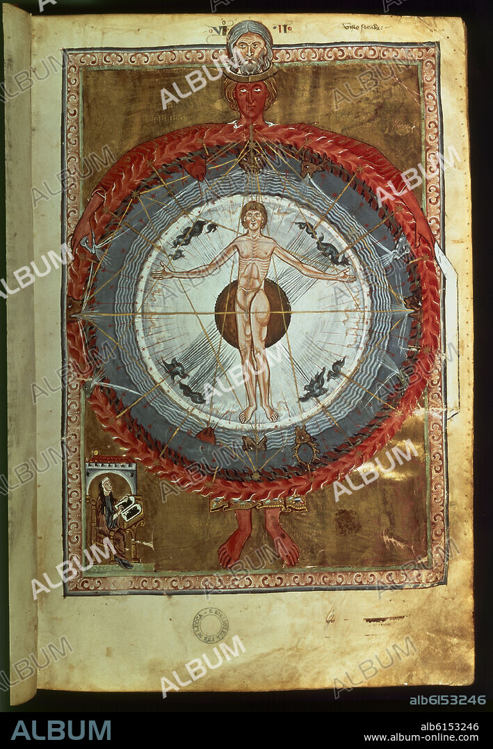 HILDEGARDA DE BINGEN (1098-1179). CODEX LATINUM-LIBRO DE LAS OBRAS DIVINAS-S XIII-1942 PG 9R-HOMBRE CENTRO UNIVERSO.