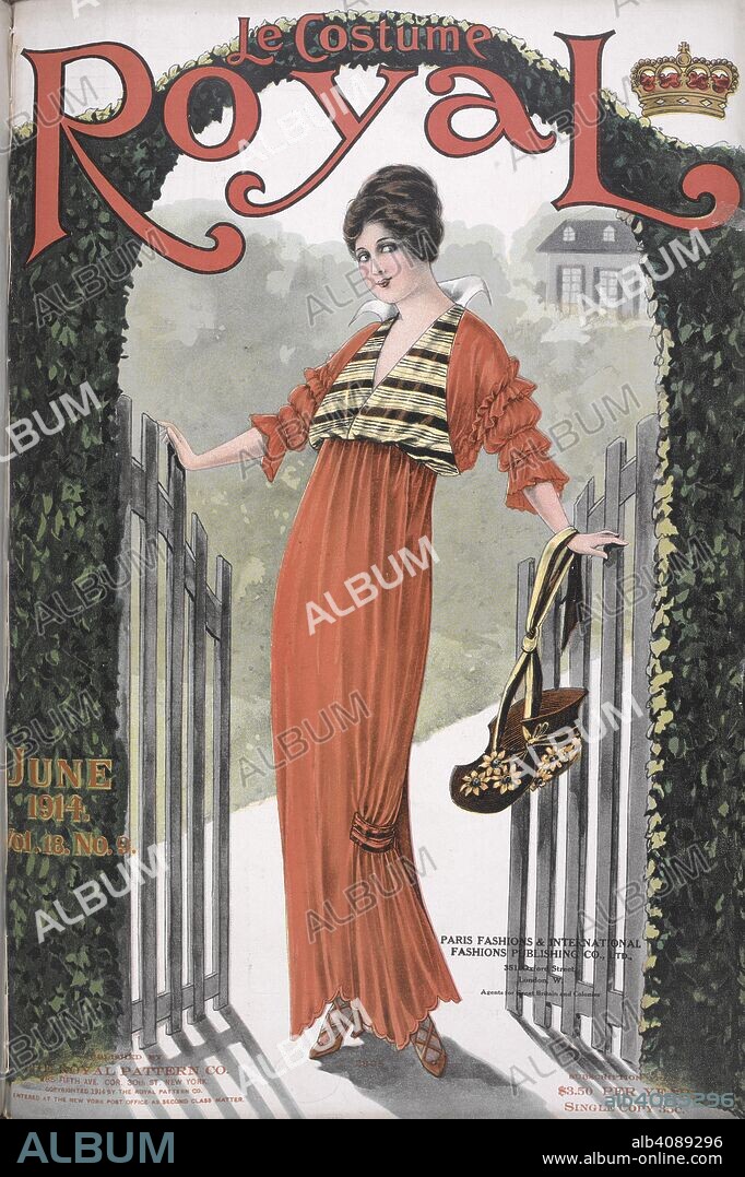 Fashion plate showing women's clothing. Le costume royal. New York, 1914. Source: Le costume royal, June 1914, volume 18, no.9, front cover.