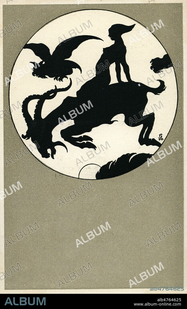 ABWARTS - Sorciere chevauchant un bouc. Serie de Cartes postales , motifs sorcieres , Sabbat, en ombres chinoises. Illustration OTTO STIEFFEL , 'Walpurgisnacht' la Nuit de Walpurgis . serie de 12. Edite a partir d'un ouvrage porte folio de gravures par Edm v. Konig's Kuntsverlag, Heidelberg, Allemagne vers 1920. Collection IM/KHARBINE TAPABOR.