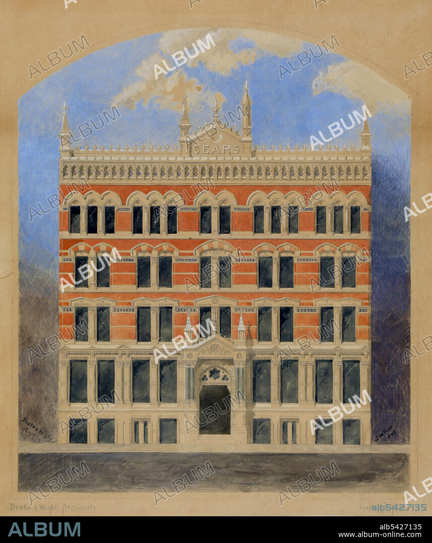 DRAKE AND WIGHT CARTER. Sears Building, Chicago, Illinois, Elevation of Competition Drawing, c. 1873.