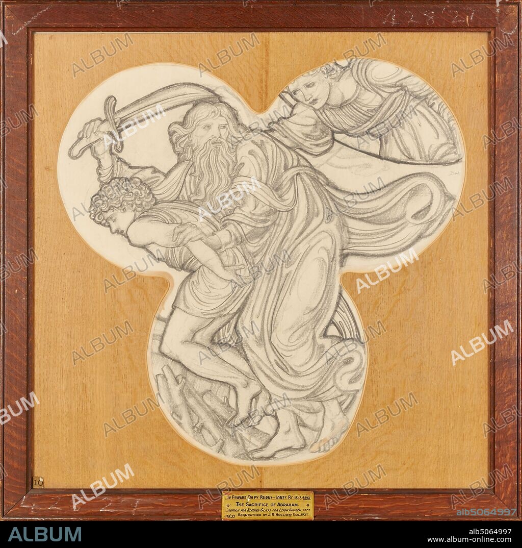 The Sacrifice of Abraham, 1874 Sir Edward Burne-Jones (d.1898), Abraham about to strike Isaac with a raised sword., 19th Century, Sword, Drawing, Chalk, Paper, Angel, Frame, Design, Trefoil, Works on Paper.