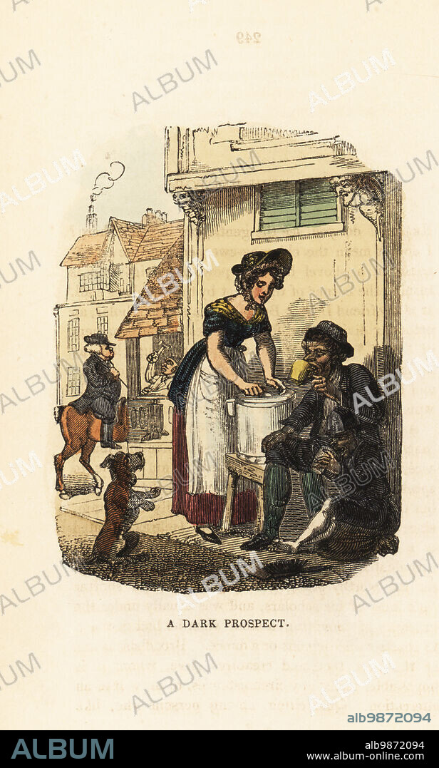 Georgian milkmaid serving cups of milk to a sooty chimney sweep and his apprentice boy on a street corner in Oxford. In the background, a new rector Doctor Broadbase rides past a blacksmith. A Dark Prospect. Handcoloured wood engraving after an illustration by Thomas Rowlandson from W. H. Harrisons The Humourist, a Companion for the Christmas Fireside, Rudolph Ackermann, 19 Strand, London, 1831.