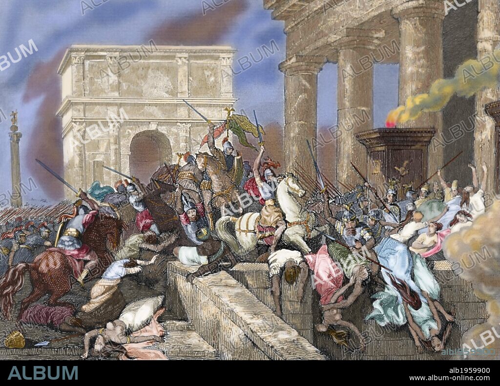HISTORIA IMPERIO ROMANO. SAQUEO DE LA CIUDAD DE ROMA por las tropas del jefe visigodo ALARICO I, en el año 410 durante el reinado del Emperador Honorio. La hermana de éste, Gala Placidia fue hecha prisionera y llevada cautiva. Grabado coloreado.