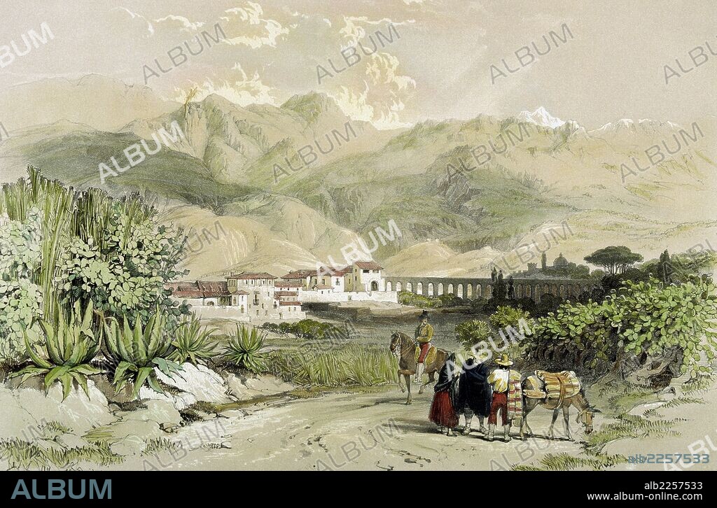 GRANADA. ALMUÑECAR. RESTOS DEL ACUEDUCTO ROMANO. ARTE ROMANO. DIBUJO DE GEORGE VIVIAN. LONDRES 1838.