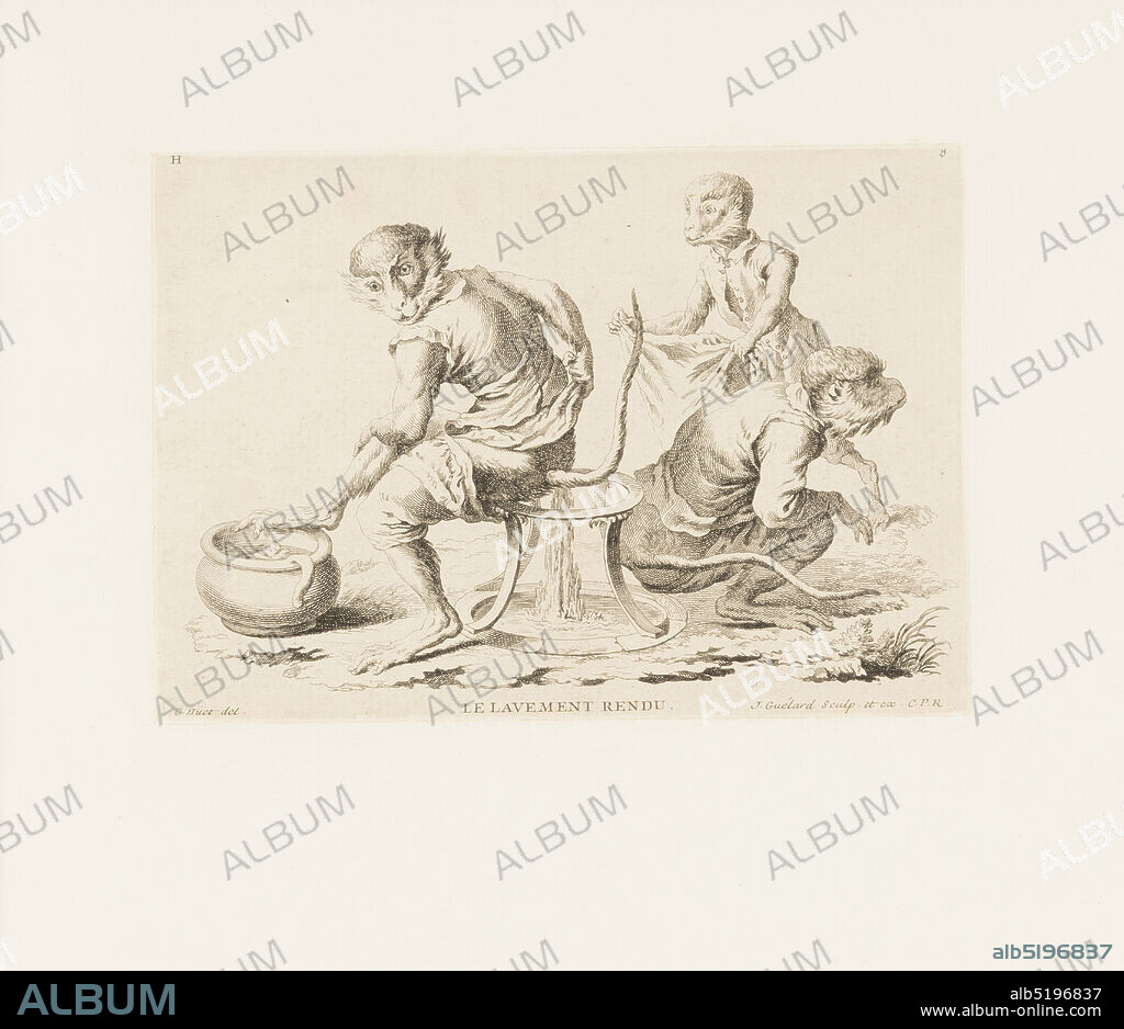 Plate 8, Le Lavement Rendu (The Enema Delivered), Singeries ou différentes actions de la vie humaine représentées par des singes (Monkey Antics or Different Actions of Human Life Represented by Monkeys), Christophe Huet, French, 17001759, Jean-Baptiste-Antoine Guelard, French, 1719ca. 1755, Charpentier, Paris, France, Etching on paper, Plate 8 of a series of 23 prints featuring monkeys acting as humans in various figural scenes. In an outdoor setting, three monkey figures in human costume. Following the delivery of an enema in 1921-6-319-9, a monkey at left sits upon a circular stand, excreting liquid diarrhea onto the ground. He rests his right foot on a pot of liquid at left and turns toward the viewer. At right, another monkey rushes with a blanket or towel. A third monkey squats on the ground with a concerned expression, facing right., Paris, France, ca. 1743, albums (bound) & books, Bound print, Bound print.