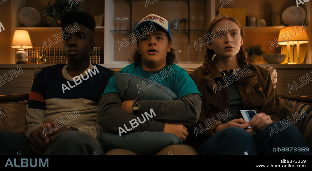 CALEB MCLAUGHLIN, GATEN MATARAZZO and SADIE SINK in STRANGER THINGS (2016), directed by MATT DUFFER and ROSS DUFFER. Copyright 21 LAPS ENT/MONKEY MASSACRE.  Season 4 episode 7.