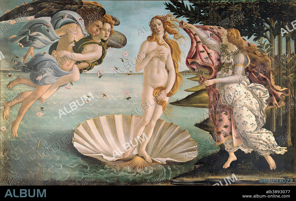 SANDRO BOTTICELLI. The Birth of Venus. Date/Period: From 1484 until 1485. Painting. Tempera on panel. Length: 278.5 cm (109.6 in); Height: 172.5 cm (67.9 in).