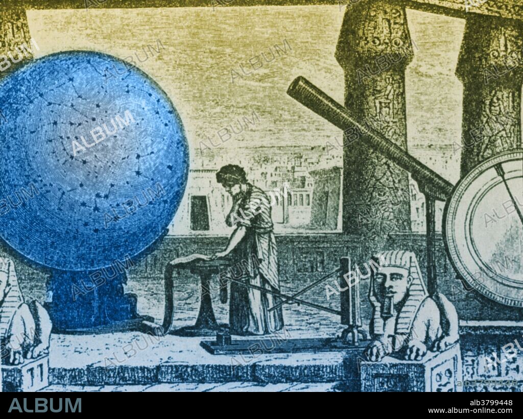Claudius Ptolemy (AD c100-170), Greek-Egyptian astronomer, geographer and mathematician at his observatory in Alexandria, Egypt. Among the instruments seen here are Ptolemy's rulers (lower center) and a copper disc (far right), which he used to demonstrate the law of reflection. At this observatory Ptolemy made the observations that supported Earth-center models of solar and planetary motion. This view dominated astronomical thinking until the mid 16th century. Engraving from Vies des Savants Illustres (1877).