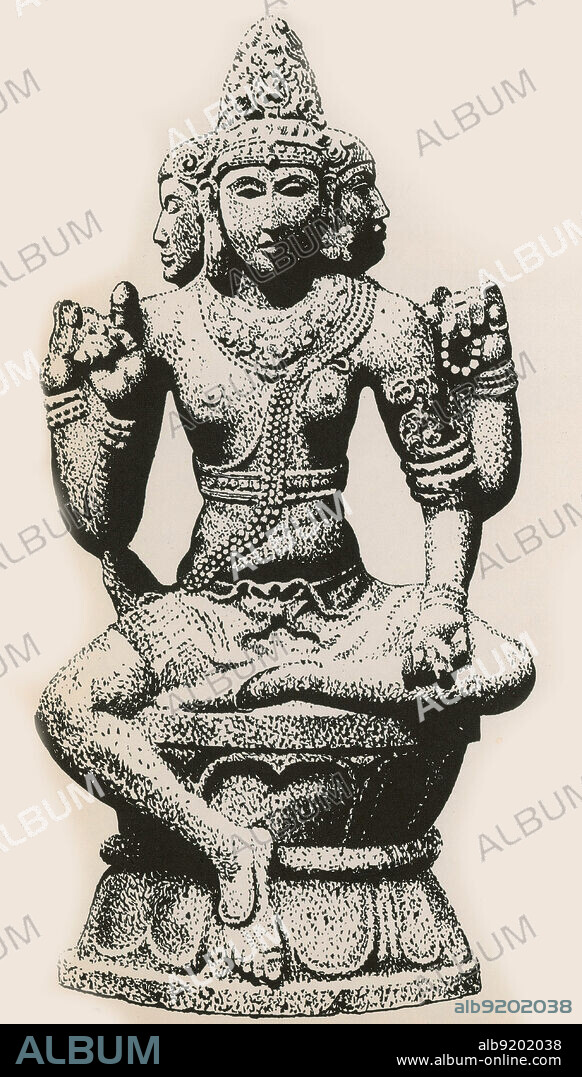 Brahma is the Hindu god (deva) of creation and one of the Trimurti, the others being Vishnu and Shiva. According to the Brahma Purana, he is the father of Manu, and from Manu all human beings are descended. In the Ramayana and the Mahabharata, he is often referred to as the progenitor or great grandsire of all human beings. Brahma is traditionally depicted with four heads, four faces, and four arms. With each head, He continually recites one of the four Vedas. Unlike most other Hindu gods, Brahma holds no weapons. One of his hands holds a scepter. Another of his hands holds a bow. Brahma also holds a string of prayer beads which He uses to keep track of the Universe's time. He is also shown holding the Vedas.