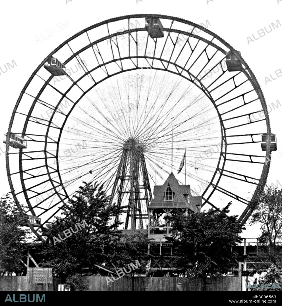Ferris wheel shown in the final stages of construction on June 11 or June 12, 1893. Only six cars are shown mounted on the wheel. The original Ferris Wheel was the centerpiece of the 1893 World's Columbian Exposition in Chicago, Illinois. The Ferris Wheel was designed and constructed by George Washington Gale Ferris Jr., a graduate of Rensselaer Polytechnic Institute. The wheel rotated on a 71 ton, 45.5 foot axle comprising what was at that time the world's largest hollow forging, manufactured in Pittsburgh by the Bethlehem Iron Company and weighing 89,320 pounds, together with two 16 foot diameter cast-iron spiders weighing 53,031 pounds. There were 36 passenger cars, each fitted with 40 revolving chairs and able to accommodate up to 60 people, giving a total capacity of 2,160. The Ferris Wheel took 20 minutes to make two revolutions, the first involving 6 stops to allow passengers to exit and enter and the second a 9 minute non-stop rotation, for which the ticket holder paid 50 cents. Cropped stereograph by B.L. Singley, 1893.