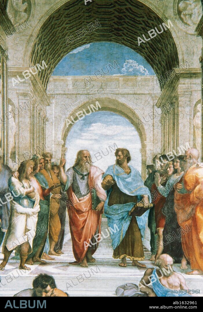 RAPHAEL. ARTE RENACIMIENTO. ITALIA. RAFAEL, Raffaello Santi o Sanzio, llamado (Urbino,1483-Roma,1520). Pintor italiano. ESCUELA DE ATENAS. Obra encargada por el papa Julio II en 1508 para la decoración de sus nuevas estancias. Detalle de PLATON, con la imagen de LEONARDO, y ARISTOTELES. Stanze di Raffaello. Vaticano.