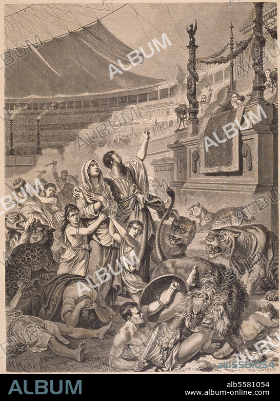HEINRICH MERTE. Nero (Lucius Domitius Ahenobarbus), röm. Kaiser (54-68); 37-68 n. Chr. - "Gefangene Christen werden in der Arena des Marsfeldes zu Rom auf Befehl Kaiser Nero's wilden Thieren preisgegeben". Holzstich nach Zeichnung von Heinrich Merté (geb. 1838). Aus: Das Buch für Alle, 15. Jg., Nr. 1, Stuttgart (H.Schönlein) 1880, S. 5. Berlin, Sammlung Archiv für Kunst und Geschichte.