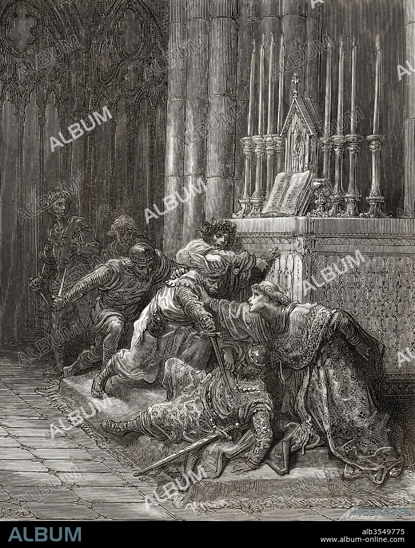 The murder of Henry of Almain, 1235 – 1271, by his cousins Simon and Guy de Montfort, at the church of San Silvestro in Viterbo, Italy in 1271. Simon de Montfort "the younger" or Simon VI de Montfort, 1240 – 1271. Guy de Montfort, Count of Nola, 1244 – c. 1288. From a 19th century print.