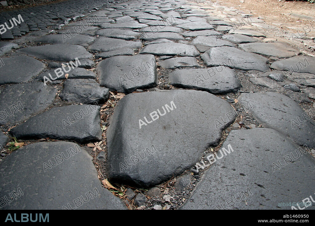 ARTE ROMANO. ITALIA. VIA APIA, en latín "VIA APPIA". Calzada comenzada en el 312 a. C. por el censor Apio Claudio y terminada por Augusto. Iba de Roma a Brindisi por Capua. Detalle de los adoquines de la calzada a las afueras de Roma. ITALIA.