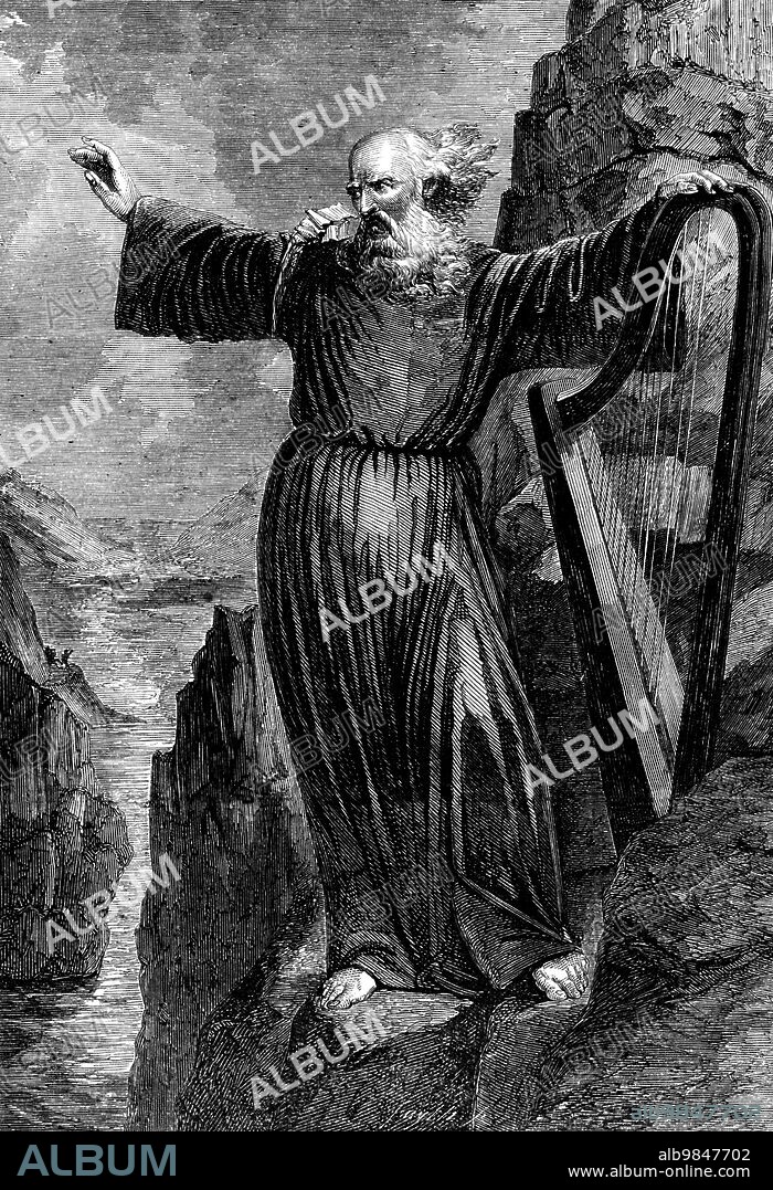 The Last Welsh Bard, the Painting which obtained the Prize at the Llangollen Eisteddfod, 1858. The Eisteddfod at Llangollen this year was signalised by a pictorial competition in addition to the usual bardic performances...[the winner of the best painting by a Welsh artist was] Mr. William Jones...for his painting...which is undoubtedly a clever work, and full of national character. The artist appears to have taken his subject from that portion of Gray's ode in which the last bard is represented on the lofty heights of Snowdon, viewing the advance of Edward's invading army, with mingled feelings of sorrow and ire: "On a rock whose haughty brow Frowned o'er old Conway's foaming flood Rob'd in sable garb of woe, With haggard eyes the poet stood (Loose his beard and hoary hair Streamed like a meteor in the troubled air), And, with a master's hand and prophet's fire, Struck the deep sorrows of his lyre". The attitude of the venerable bard, standing undismayed on his dizzy height, is boldly conceived. His face wears a severe expression, his sparse grey hairs being agitated by the wind. The ribbon bound round his uplifted arm denotes that he is a man of high rank. Far below...winds the struggling and broken flood of the Conway'. From "Illustrated London News", 1858.