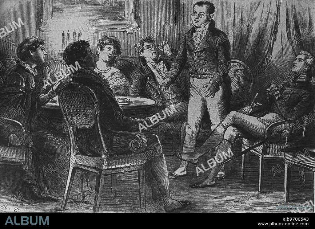 Count Lev Nikolayevich Tolstoy (1828-1910), also known as Leo Tolstoy, was a Russian novelist, short story writer, philosopher and playwright. Photo Shows: Illustration by M.S Bashilov for the novel "War and Peace" by L.N Tolstoy. The salon of Anna Pavlovna Sherer. M.S. Bashilov's illustrations for "War and Peace" done in 1866-1867, won the high praise of L.N Tolstoy. c.1867. Supplied By: SCRSS - Society for Co-operation in Russian & Soviet Studies.