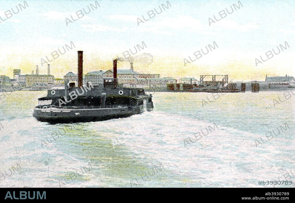 Woolwich Free Ferry, London, 20th Century. The free ferry service across the Thames between Woolwich and Newham was instigated by Sir Joseph Bazalgette and began operating in 1889. Postcard from The Souvenir Album, Views of London And The River Thames, From London To Oxford, (London, 20th Century).