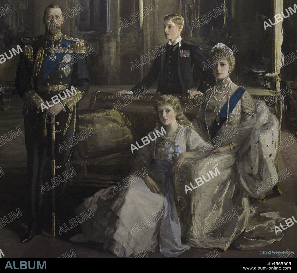 JOHN LAVERY (1856-1941). IRISH PAINTER.. The Royal Family at Buckingham Palace, 1913. Portrait by John Lavery (1856-1941). Oil on canvas (340,3 x 271,8 cm), 1913. King George V (1865-1936), Princess Mary, Countess of Harewood (1897-1965), Prince Edward, Duke of Windsor and future Edward VIII (1894-1972) and Queen Mary (1867-1953). Detail. National Portrait Gallery. London, England, United Kingdom.