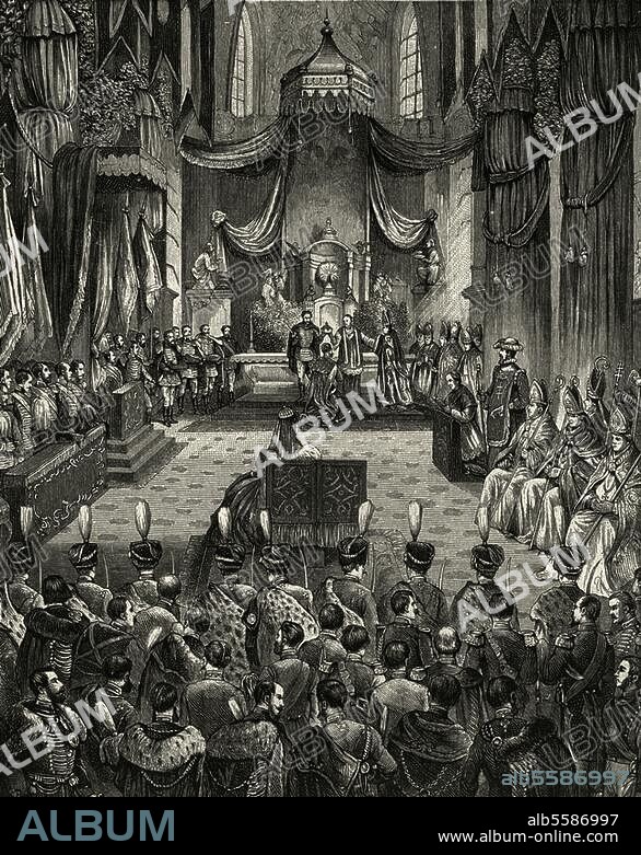 Franz Joseph I., Kaiser von Österreich und König von Ungarn. 1830-1916. "Kaiser Franz Josef I. läßt sich als König von Ungarn krönen, Budapest, 8. Juni 1867". Holzstich. Aus: Über Land und Meer, 1889, Bd. 61. Berlin, Sammlung Archiv für Kunst und Geschichte.