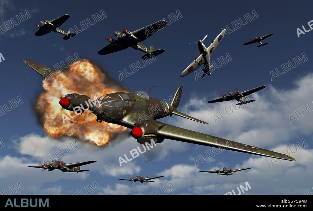 A German Heinkel He 111 bomber under attack from Royal Air Force Supermarine Spitfire during The Battle of Britain.