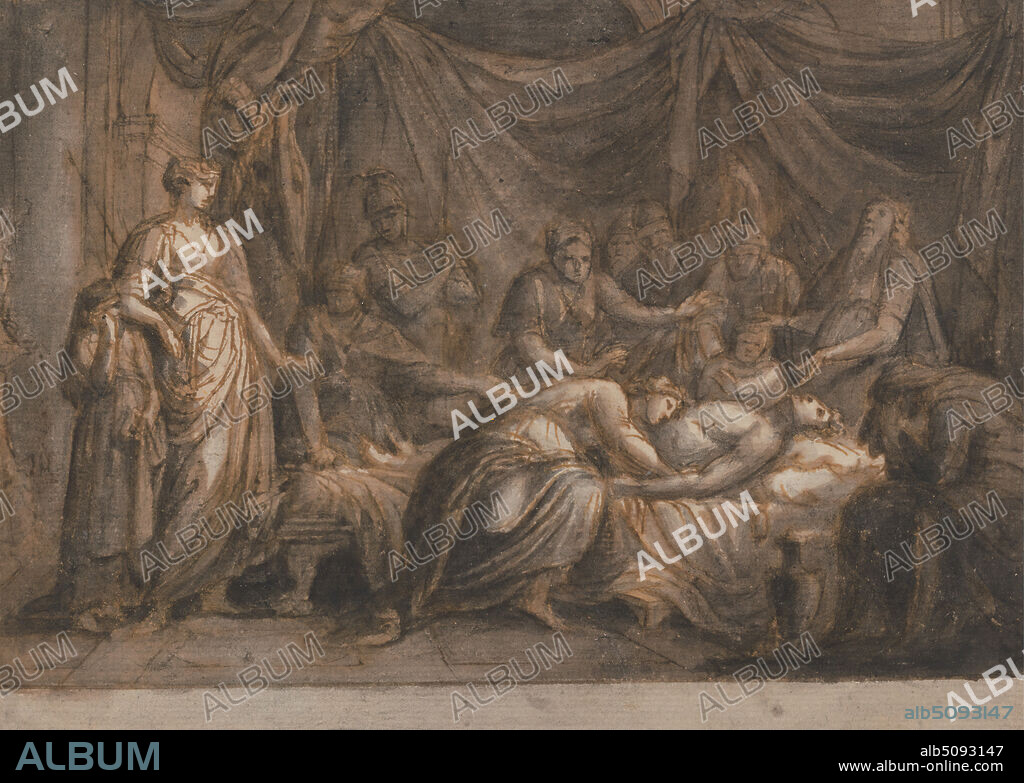 Andromache Mourning the Death of Hector, Gavin Hamilton, 17231798, British, active in Italy (174448 and 1756 on), between 1760 and 1763, Pen and brown ink with gray wash and brown wash on medium, slighlty textured, cream wove paper mounted to medium, slightly textured, cream wove paper, Sheet: 6 3/4 × 9 inches (17.1 × 22.9 cm), bed, bedroom, children, dead, drapes, men, mourning, religious and mythological subject, Trojan war, women.