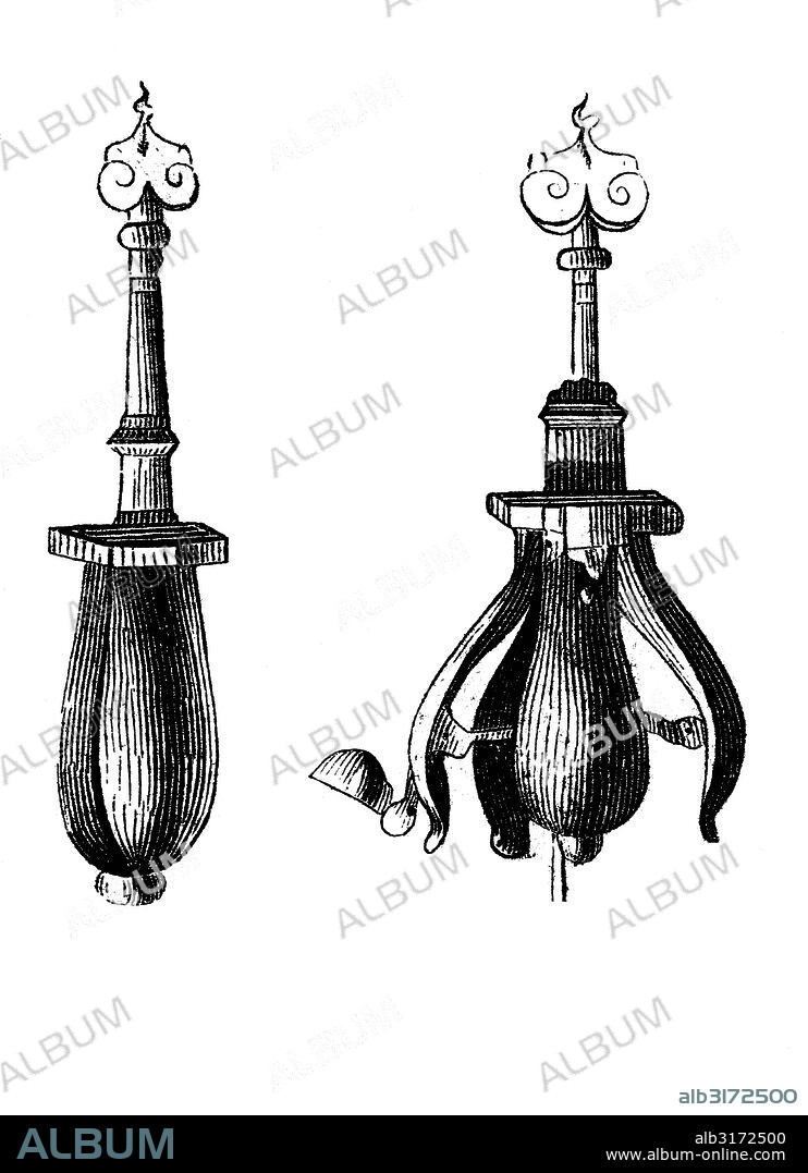 The choke pear (or pear of anguish) is the modern name for a type of instrument displayed in some museums, consisting of a metal body (usually pear-shaped) divided into spoon-like segments that could be spread apart by turning a screw. the museum descriptions and some recent sources assert that the devices were used either as a gag, to prevent people from speaking, or as an instrument of torture. the instrument was inserted into the victim's mouth, and then slowly spread apart as the screw was turned., holzschnitt aus dem jahre 1864.
