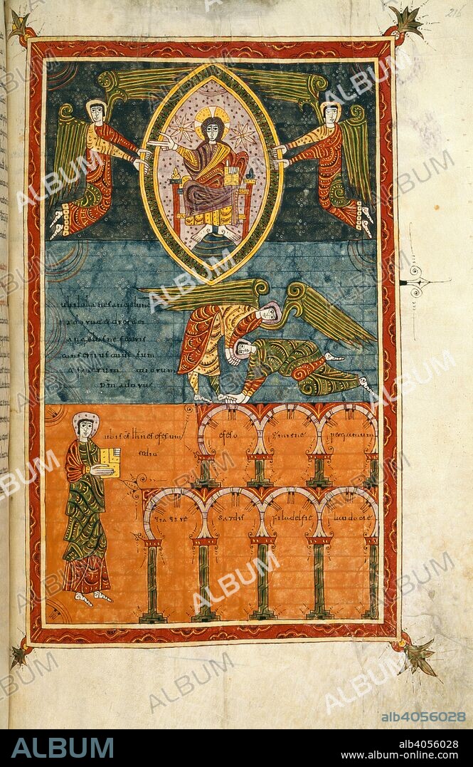 PETRUS, BEATUS OF LIÃ©BANA y DOMINICUS. St John before the angel. Silos Apocalypse. Spain [Silos]; 1109. [Whole folio] Book of Revelation, chapter 22, 6-21. Christ in Majesty, in a mandorla, supported by a cherub and seraph. In the centre, St John kneels in adoration before the angel, who orders him to worship the Lord. Below; St John stands opposite the seven churches, suggested by the double tier of seven horseshoe arches  Image taken from Silos Apocalypse.  Originally published/produced in Spain [Silos]; 1109. . Source: Add. 11695, f.216. Language: Latin.