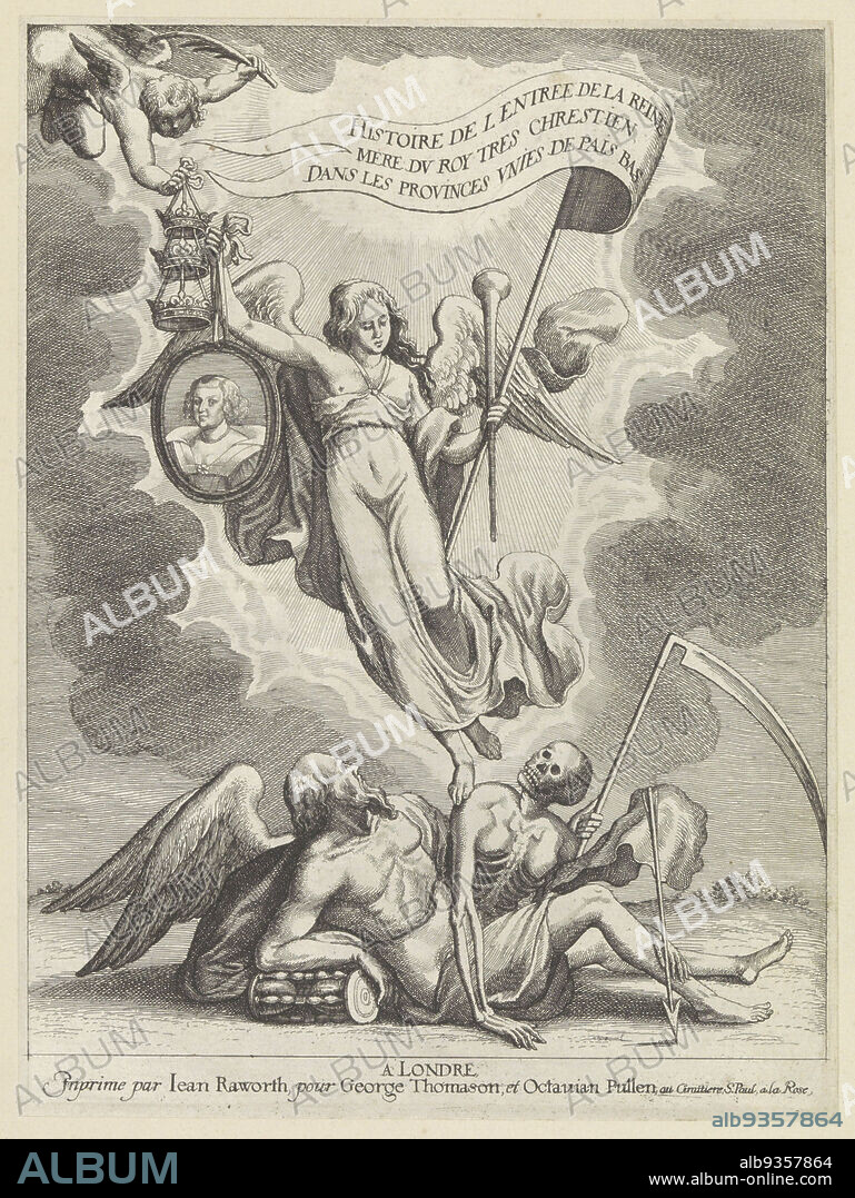 Faam conquers time and death, Histoire de l entree de la reine mere du Roy tres chrestien, dans les Provinces Unies des Pais Bas (series title on object), The personification of Faam holding in her left hand a laurel and a flag titled: Histoire de l'entree ... With her right hand, Faam holds up the portrait of Maria de' Medici. A putto (with palm branch) holds up three crowns. Below are the personifications of Time, with hourglass, and Death, with scythe. The print is part of a book about Maria de' Medici's visit to the Netherlands., print maker: Wenceslaus Hollar, publisher: George Thomason (mentioned on object), London, 1639, paper, etching, height 257 mm × width 191 mm.
