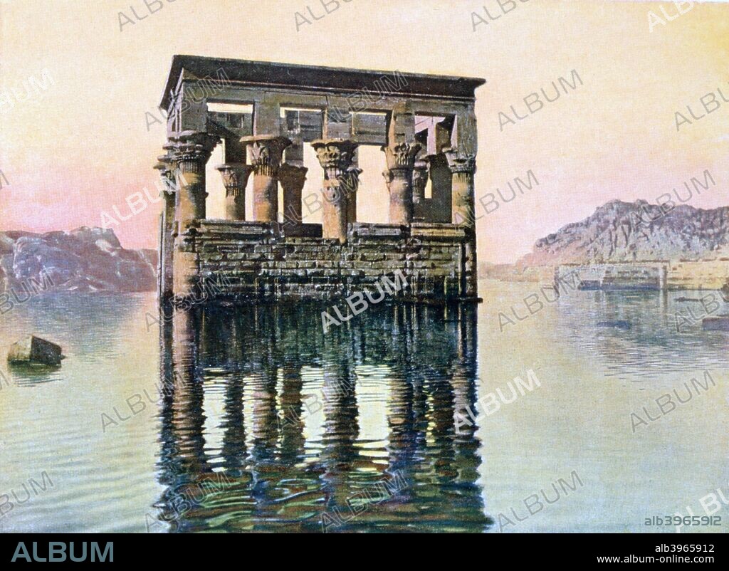 Temple kiosk of Trajan, Philae, Egypt, 20th century. This building contains reliefs depicting the Roman Emperor Trajan (53-117) making offerings to the Egyptian gods Osiris, Isis and Horus. Like all the buildings on the island of Philae, the kiosk was moved to the nearby island of Agilkai in 1977-1980 to save it from damage by the Nile floodwaters after the construction of the Aswan Dam.