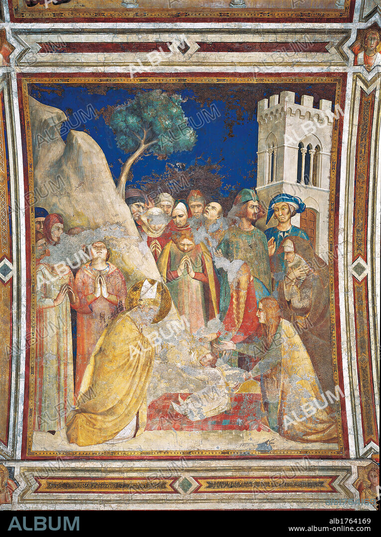 Scenes from the Life of St Martin The Miracle of the Resurrected Child, by Simone Martini, 1315-1317 about, 14th Century, fresco, cm 296 x 230. Italy, Umbria, Perugia, Assisi, San Francesco Lower Basilica. All. Miracle baby child boy resurrected bishop St Martin of Tours people crowd bystanders onlookers men women tower prayers joined hands.