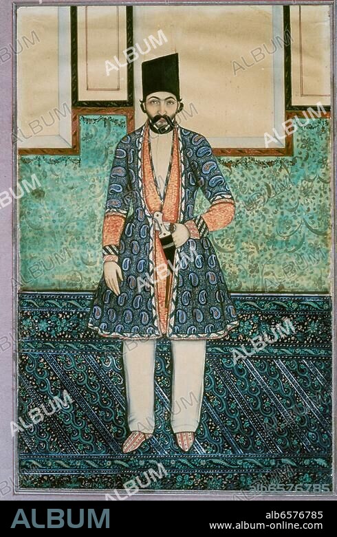 Persische Miniatur, Zeit der Kadscharen, 19. Jahrhundert. /-Bildnis eines stehende Mannes in ganzer Figur.-/ Gouache auf Papier, 33,4 x 21,6 cm. Inv.Nr. MAO 808, Département des Arts de l'Islam,.